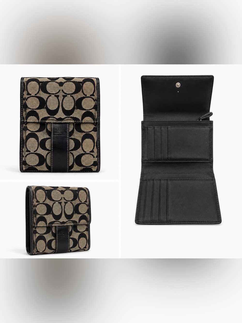 Coach Black and Tan Signature Canvas Trifold Wallet